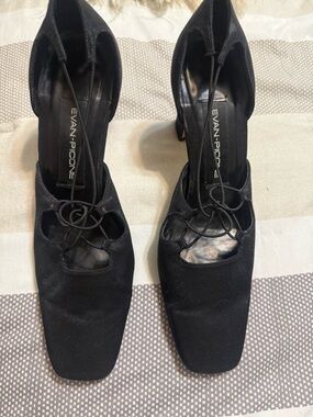 Vintage Evan Picone Black Satin Lace-Up Square-Toe Heels